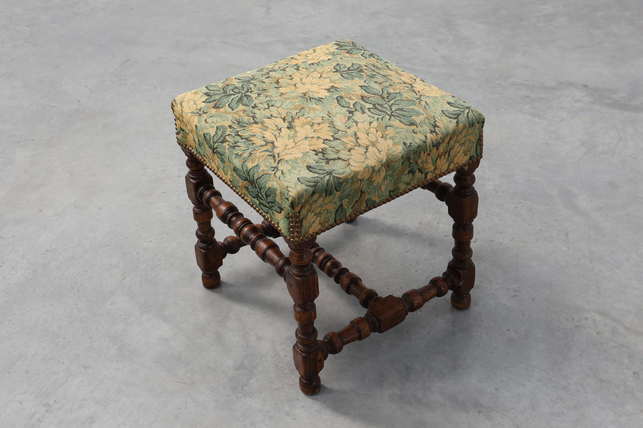 Louis XIII‑Style Walnut Stool with Floral Tapestry Seat, France, circa 1840thumbnail